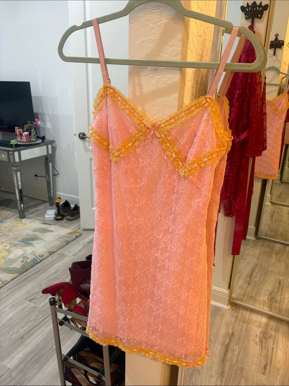 Betsey Johnson Peach Slip with Gold Lace Trim